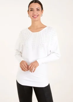 Tops>Blue Vanilla Ivory Embellished Pearl Knitted Jumper