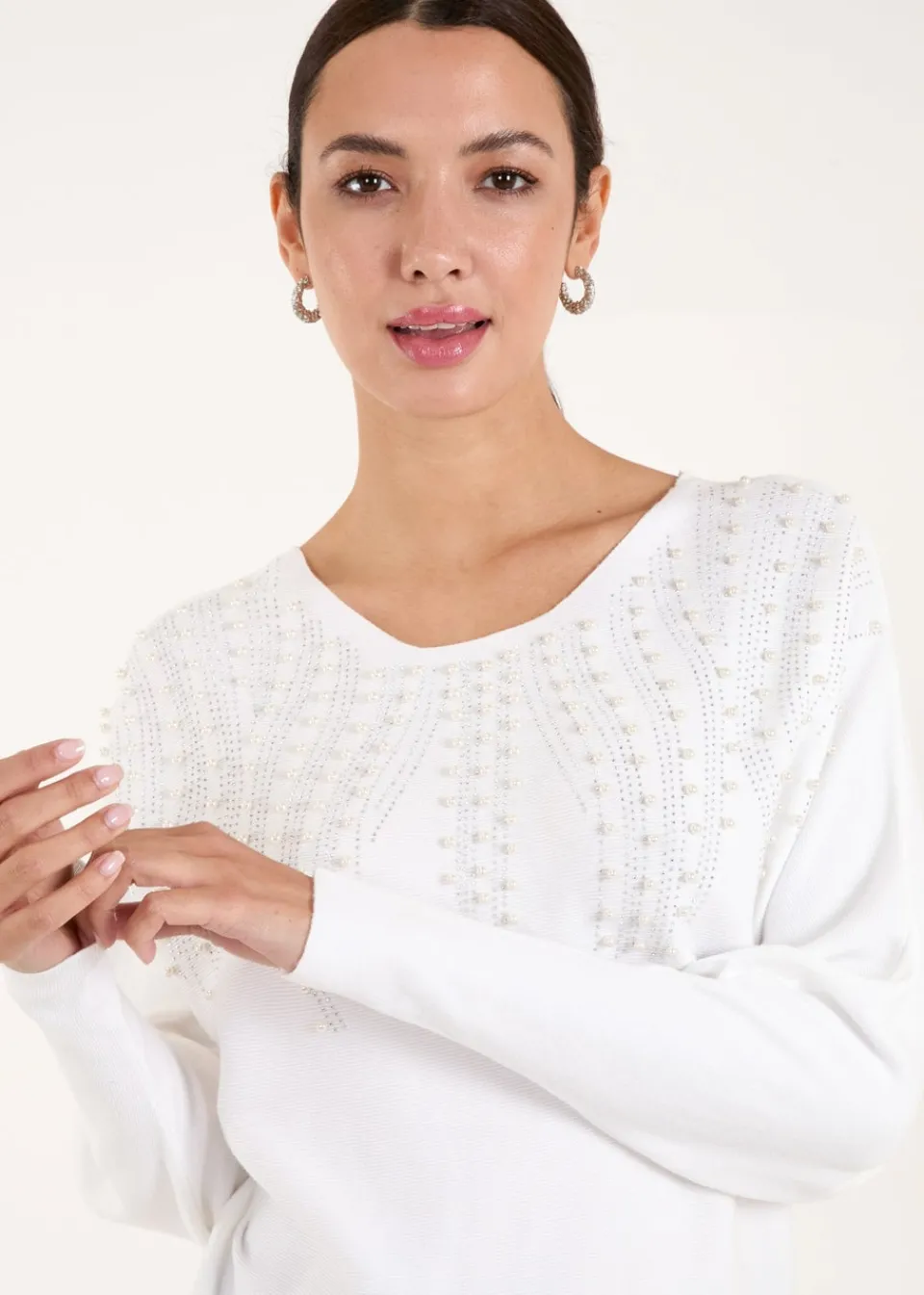 Tops>Blue Vanilla Ivory Embellished Pearl Knitted Jumper
