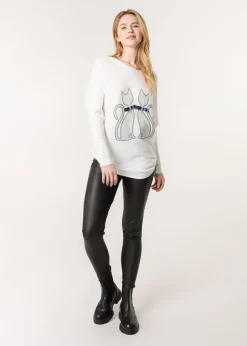 Tops>Blue Vanilla Ivory Embellished Cat Jumper