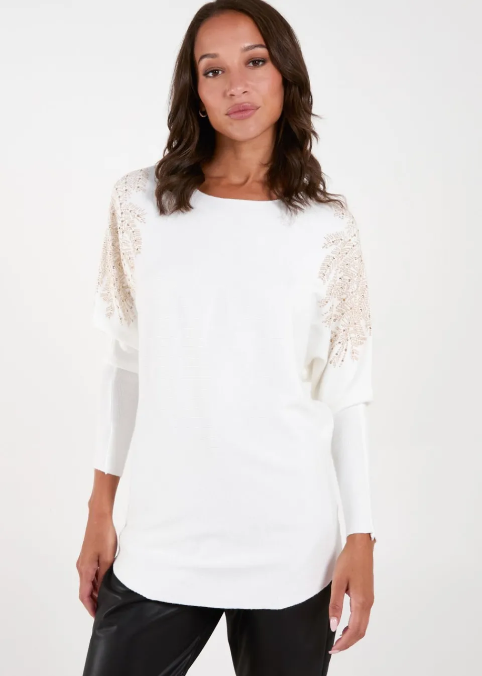Tops>Blue Vanilla Ivory Embellished Shoulder Jumper
