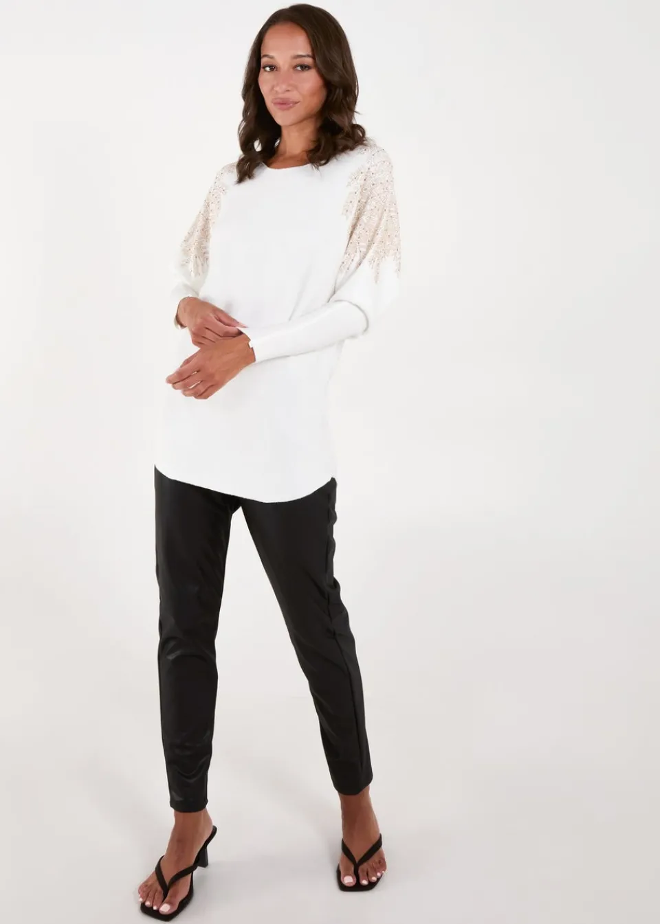 Tops>Blue Vanilla Ivory Embellished Shoulder Jumper