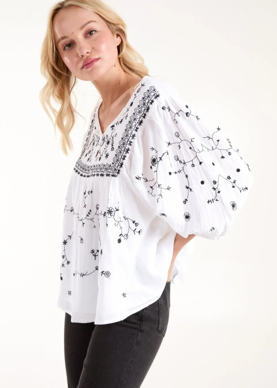 Tops>Blue Vanilla Ivory Embroidered All Over Blouse
