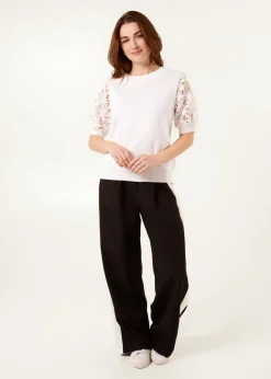 Tops>Blue Vanilla Ivory Embroidered Sleeve Top