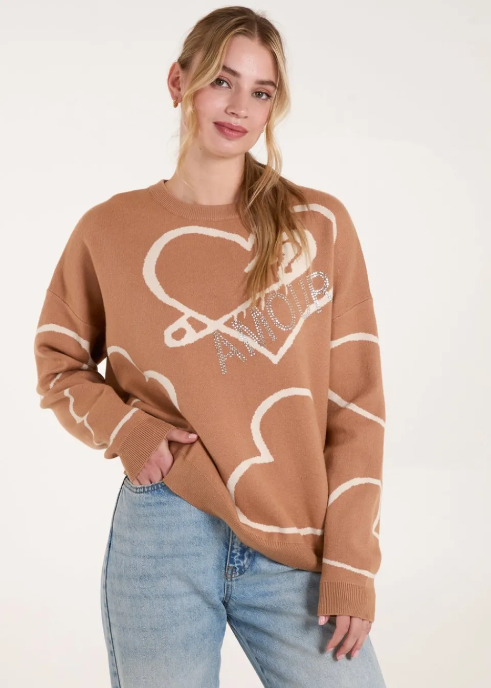 Knitwear>Blue Vanilla Ivory Heart Print 'Amour' Jumper
