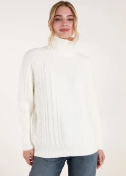 Tops>Blue Vanilla Ivory High Neck Cable Knit Jumper