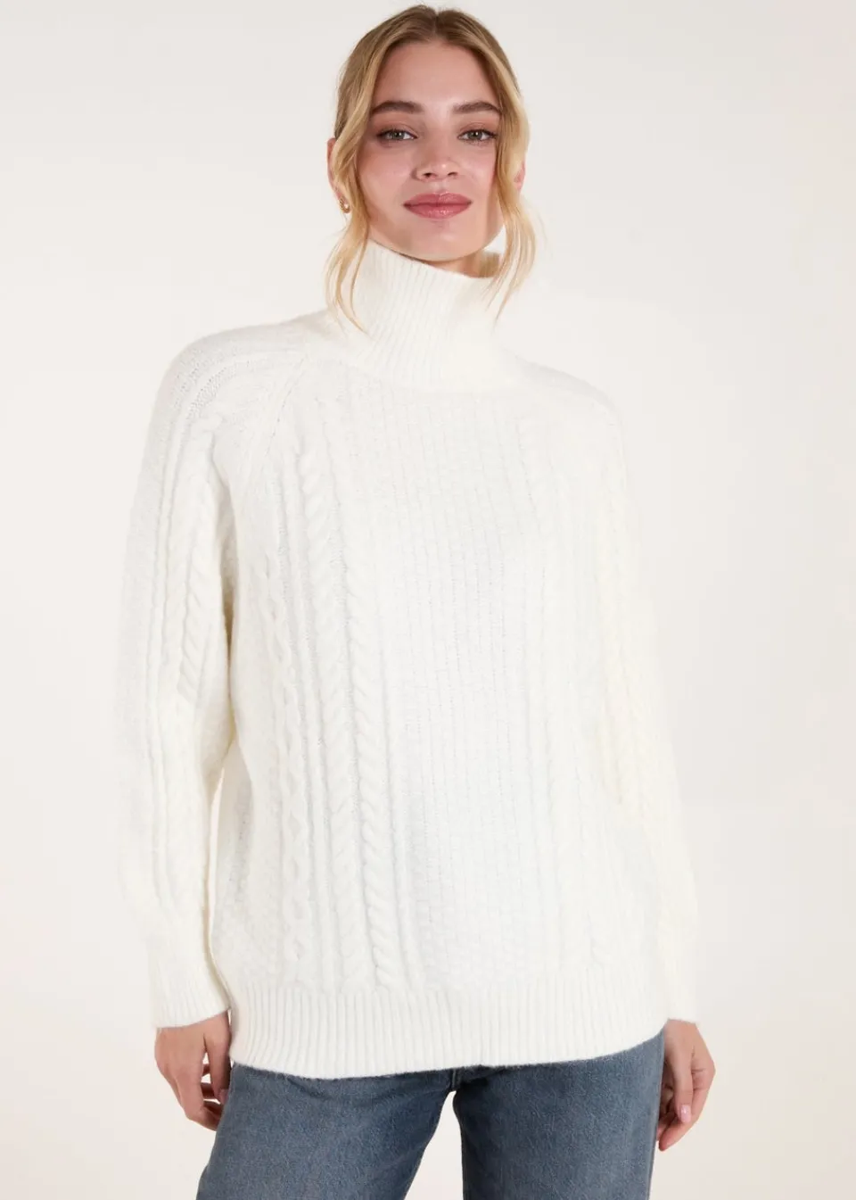 Tops>Blue Vanilla Ivory High Neck Cable Knit Jumper
