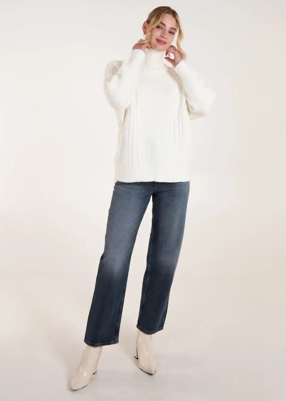 Tops>Blue Vanilla Ivory High Neck Cable Knit Jumper