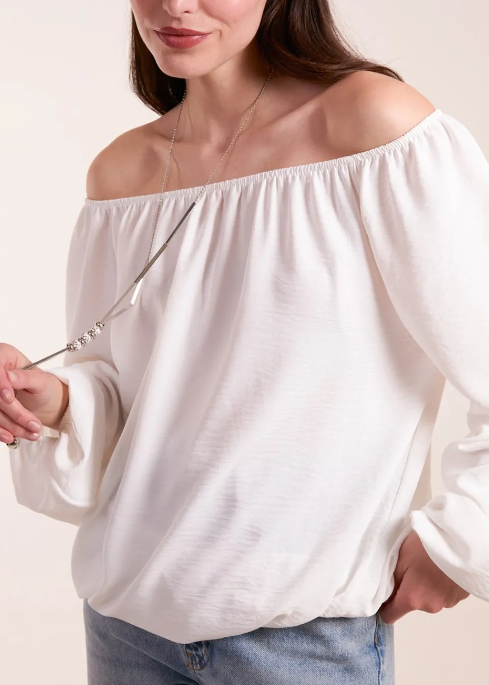 Tops>Blue Vanilla Necklace Bardot Elasticated Top Ivory