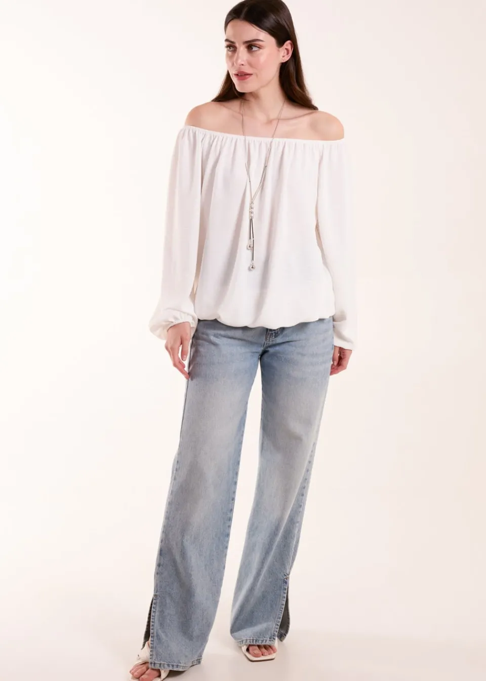Tops>Blue Vanilla Necklace Bardot Elasticated Top Ivory