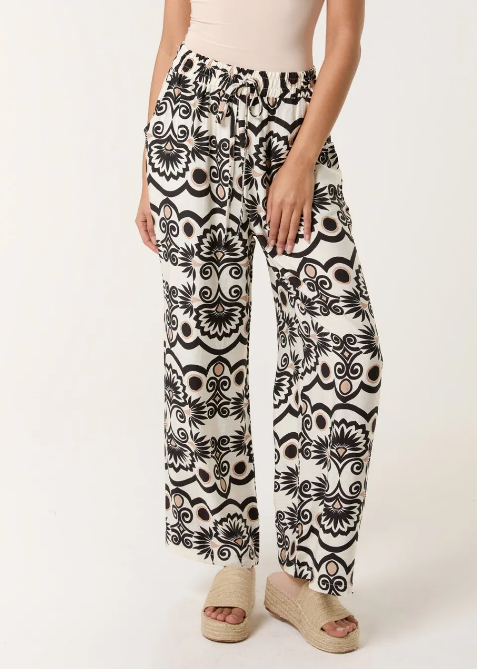 Trousers>Blue Vanilla Ivory Printed Wide Leg Trousers