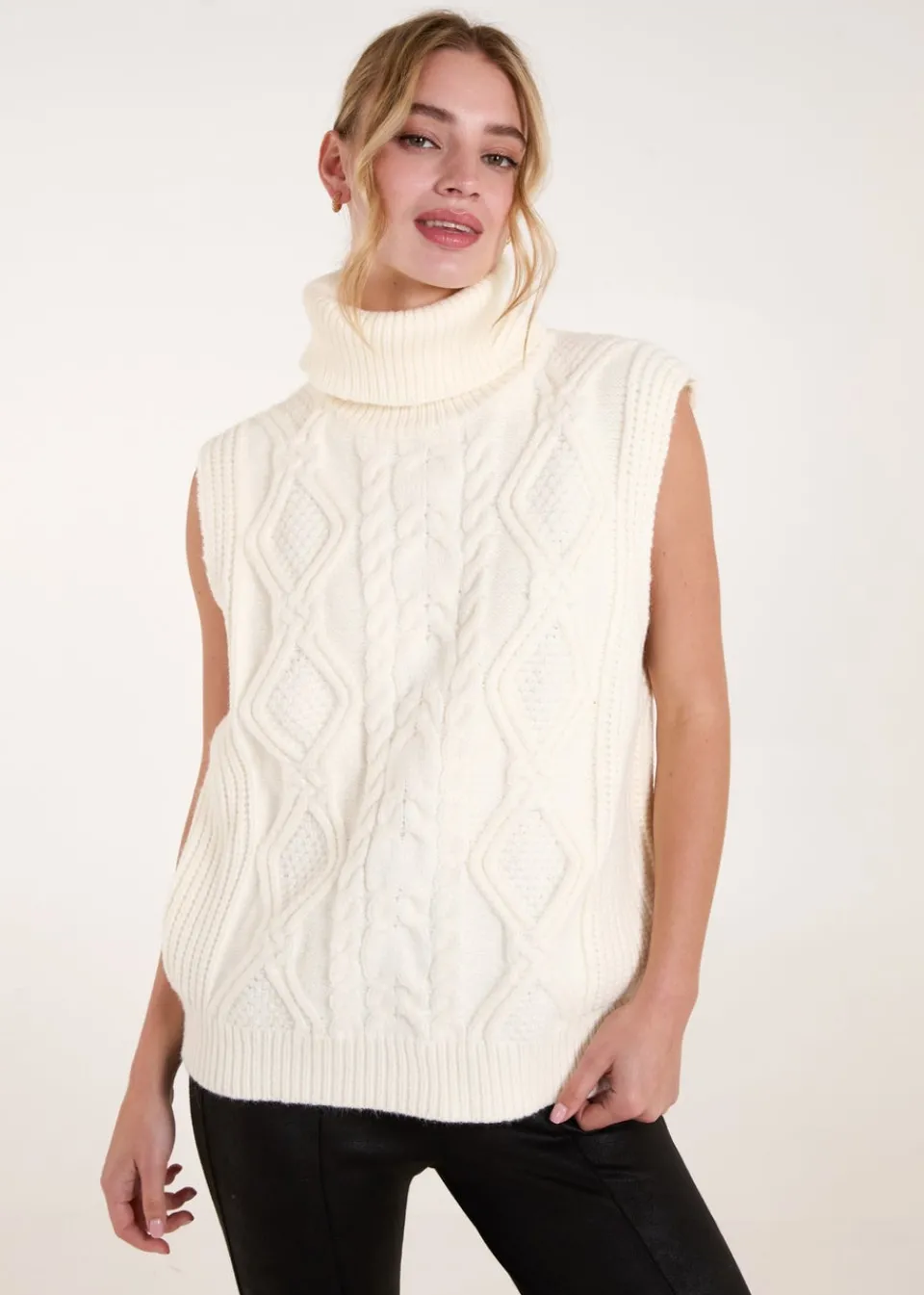 Tops>Blue Vanilla Ivory Roll Neck Cable Knit Vest