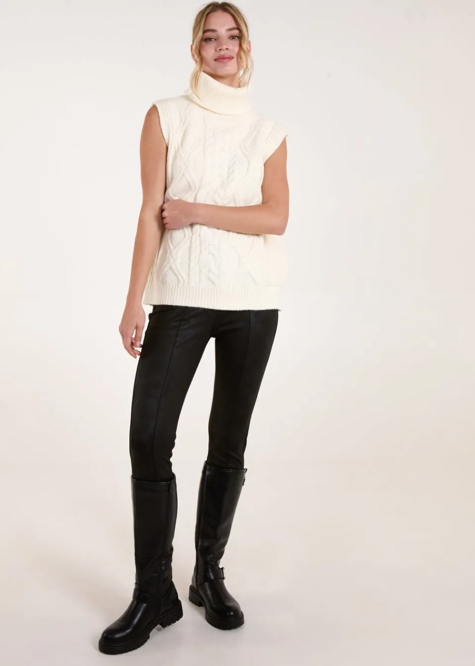Tops>Blue Vanilla Ivory Roll Neck Cable Knit Vest