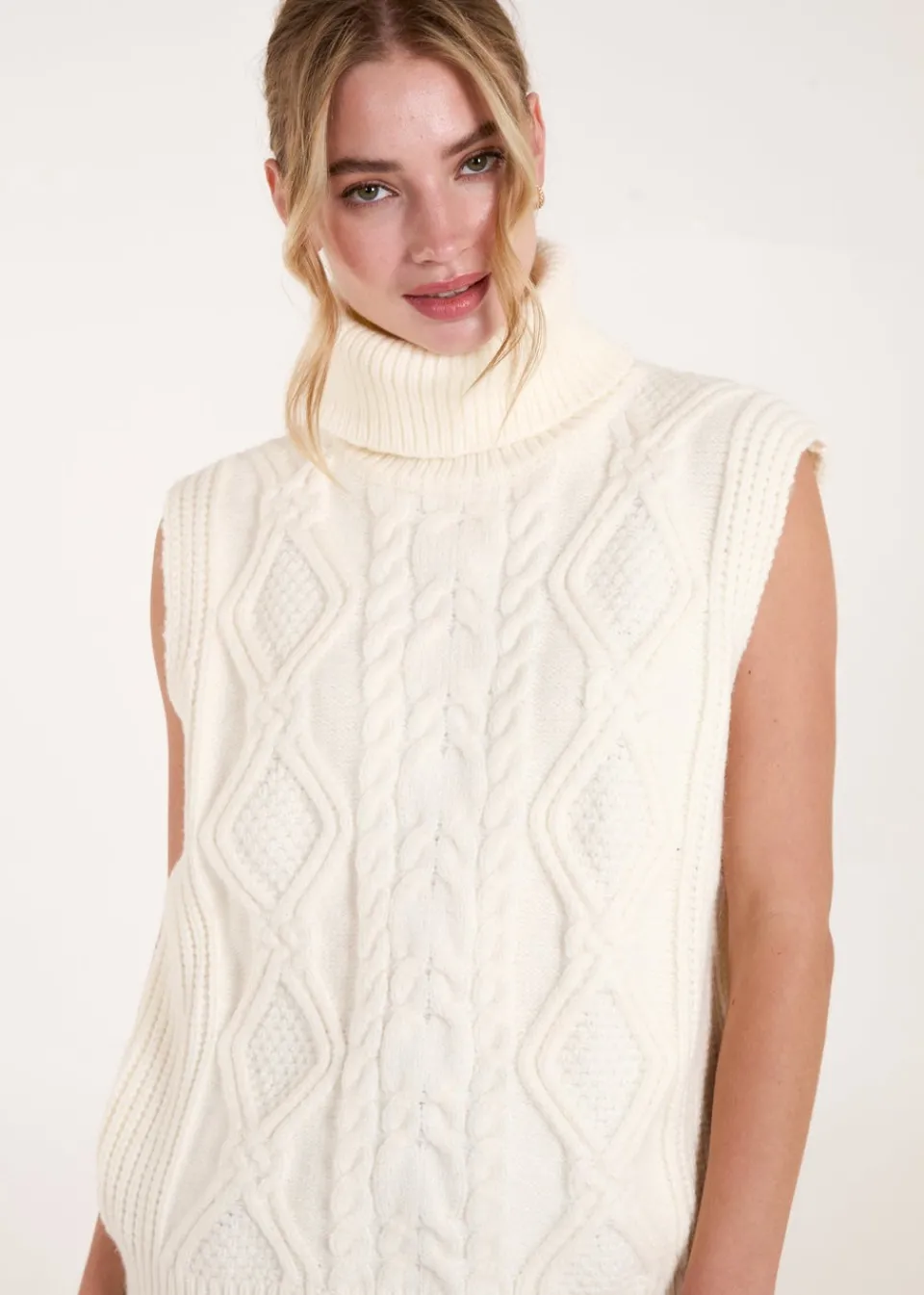 Tops>Blue Vanilla Ivory Roll Neck Cable Knit Vest
