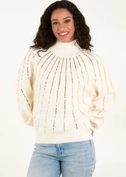 Tops>Blue Vanilla Ivory Sequin High Neck Jumper