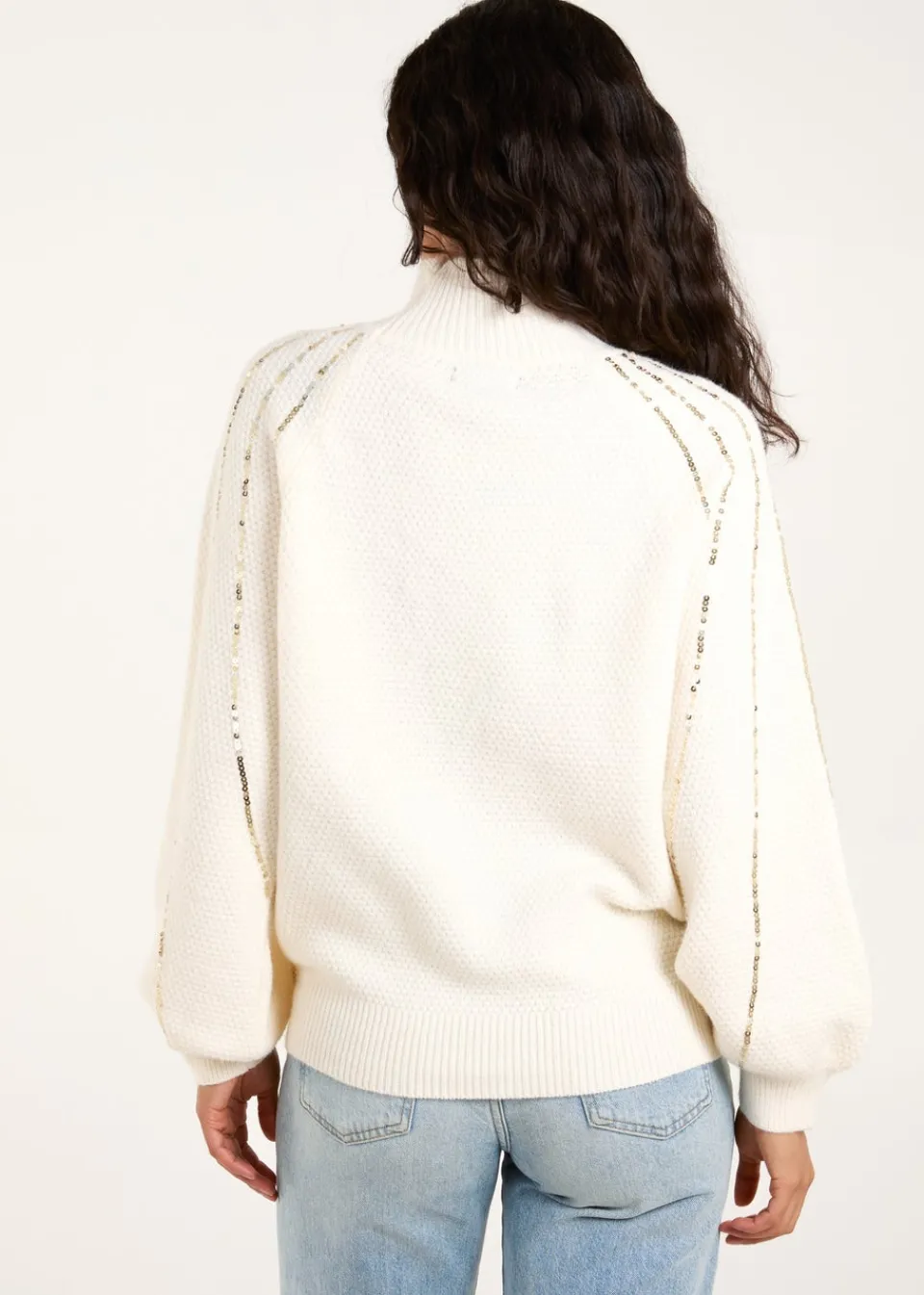 Tops>Blue Vanilla Ivory Sequin High Neck Jumper