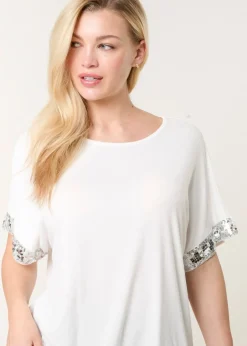 T-Shirts>Blue Vanilla Ivory Sequin Trim Oversized Top