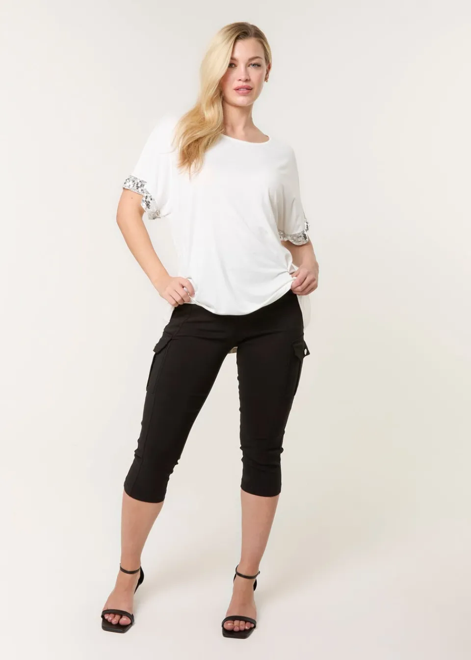 T-Shirts>Blue Vanilla Ivory Sequin Trim Oversized Top