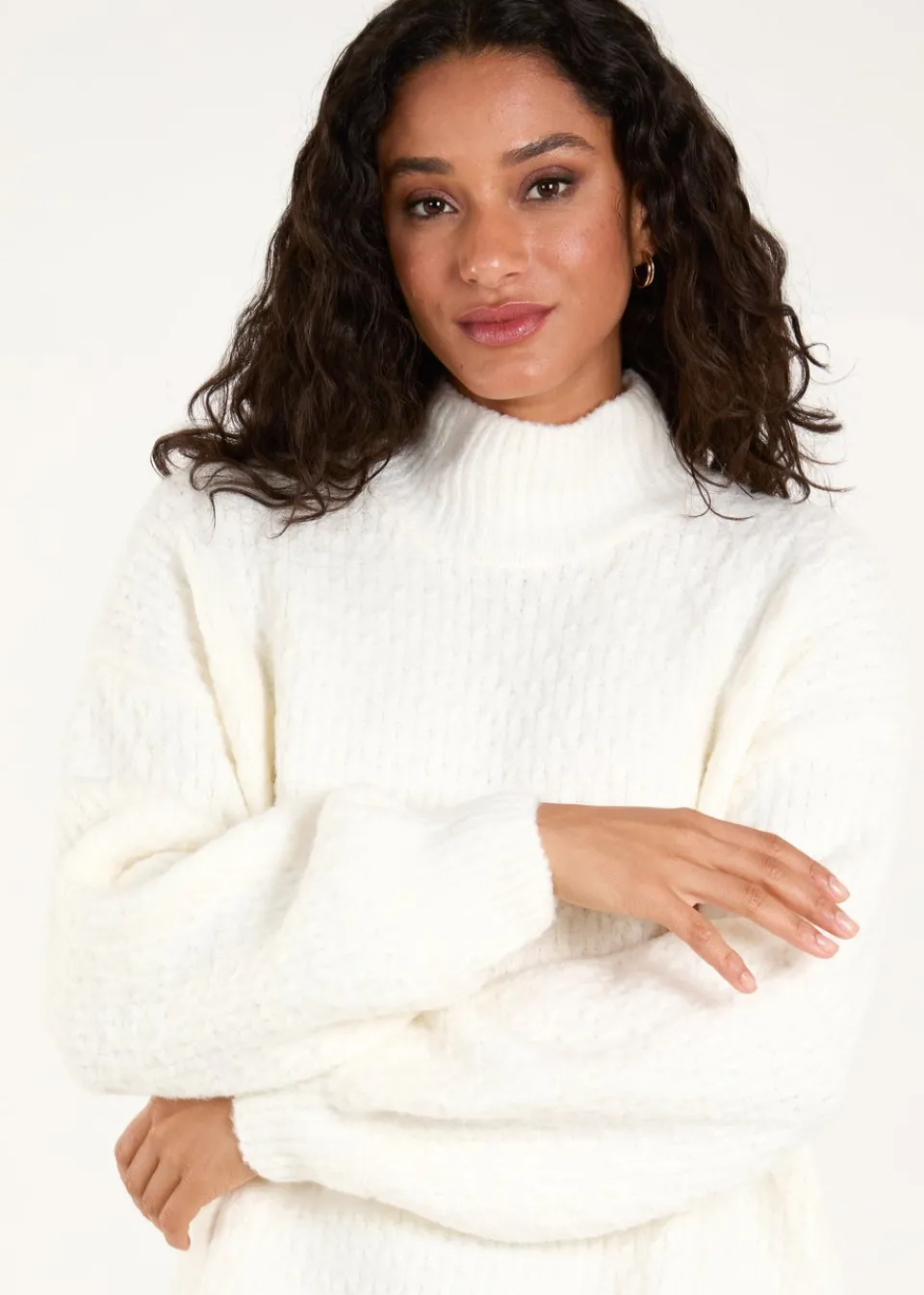 Tops>Blue Vanilla Ivory Textured High Neck Jumper