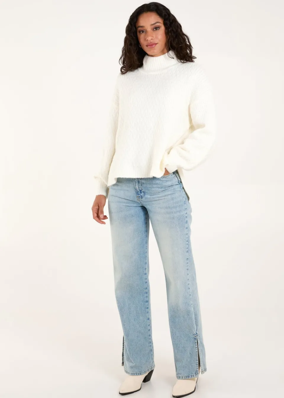 Tops>Blue Vanilla Ivory Textured High Neck Jumper