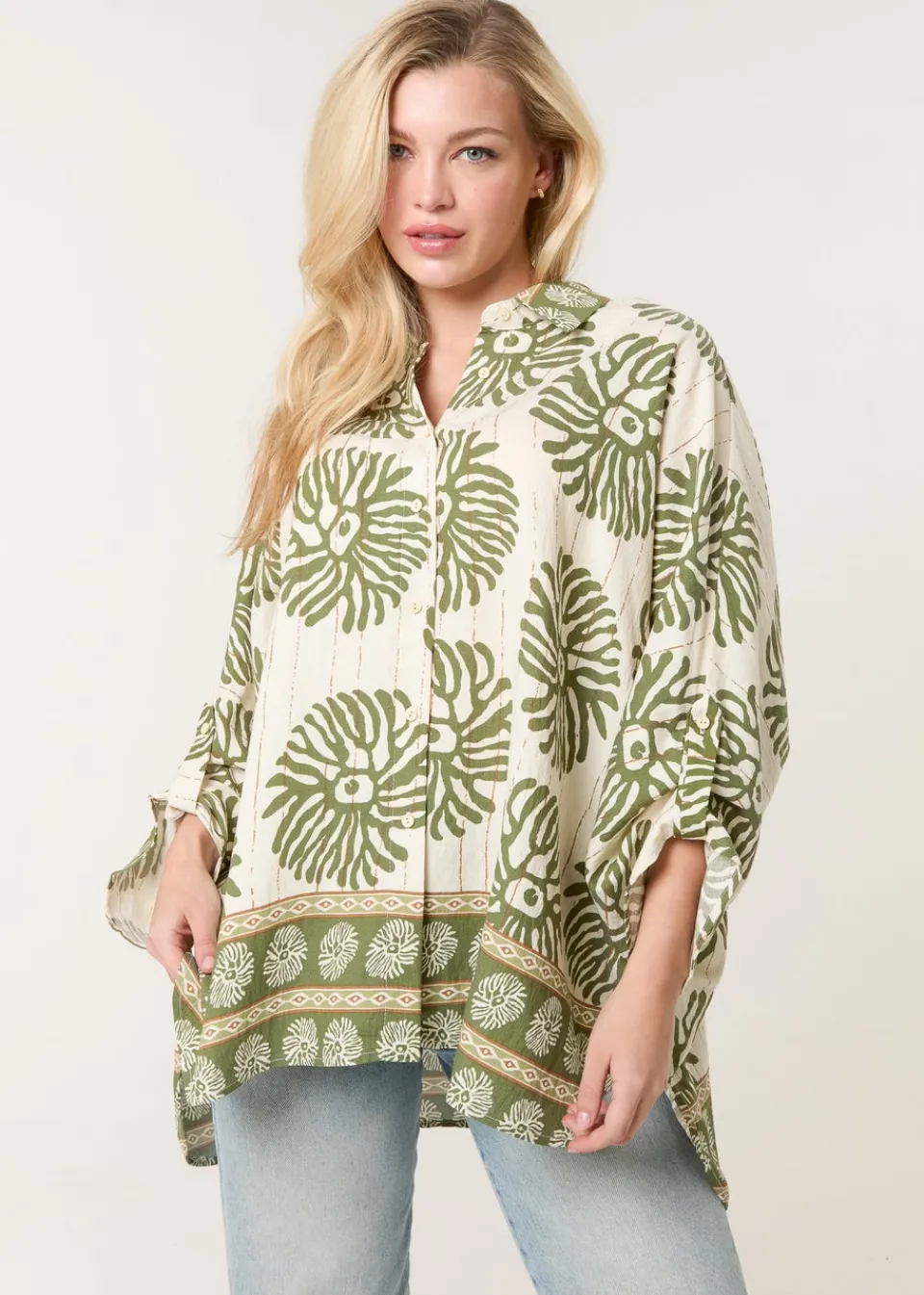Tops>Blue Vanilla Khaki Abstract Oversized Shirt