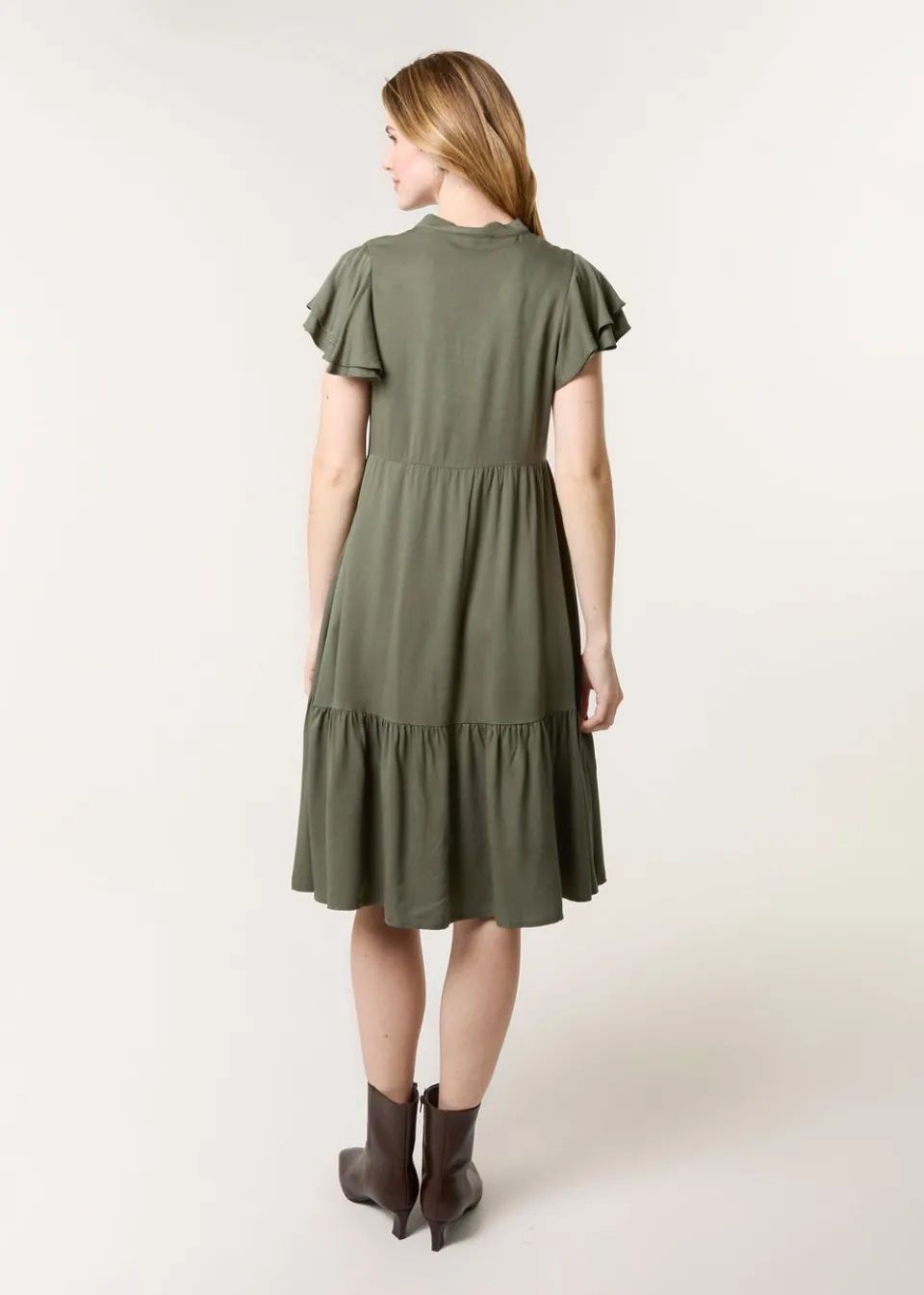 Dresses>Blue Vanilla Khaki Angel Sleeve Button Front Midi Dress