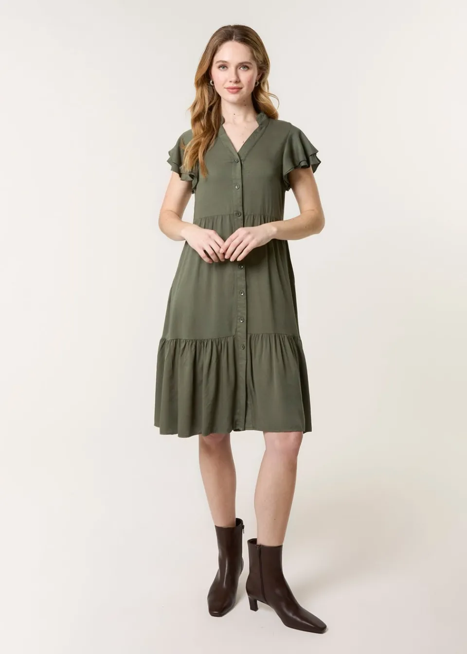 Dresses>Blue Vanilla Khaki Angel Sleeve Button Front Midi Dress
