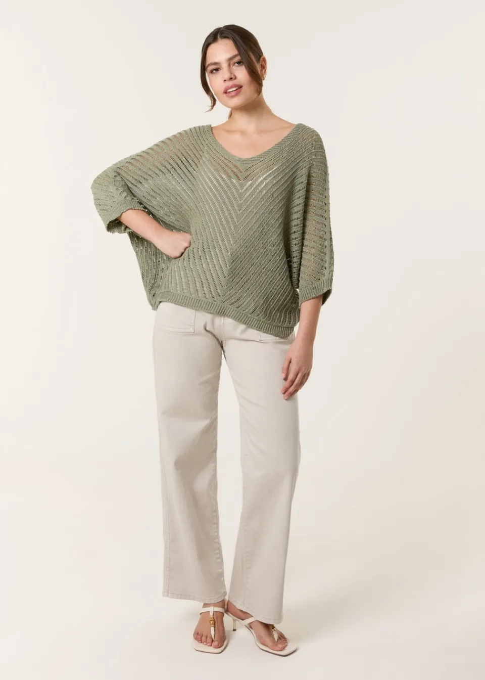 Knitwear>Blue Vanilla Khaki Crochet V Neck Jumper