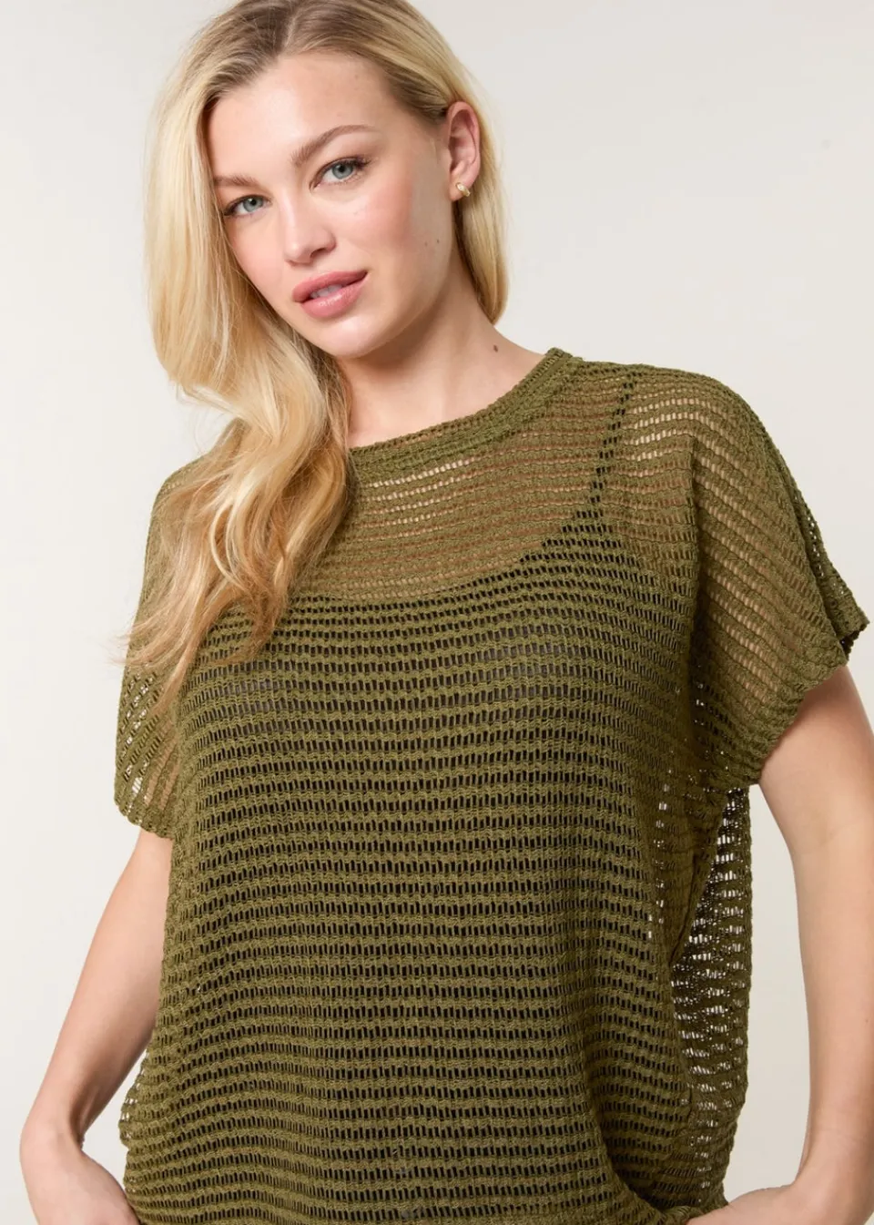 T-Shirts>Blue Vanilla Khaki Crochet Batwing Oversized Top