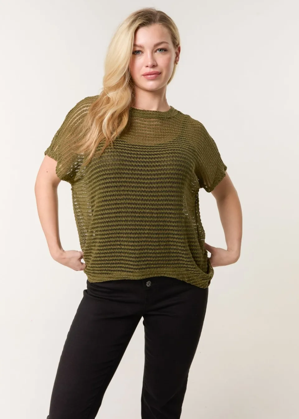 T-Shirts>Blue Vanilla Khaki Crochet Batwing Oversized Top