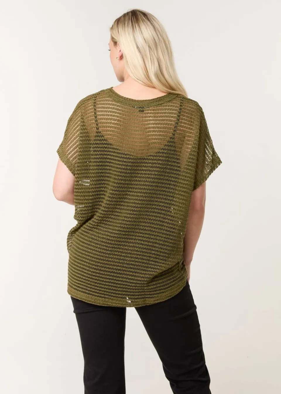 T-Shirts>Blue Vanilla Khaki Crochet Batwing Oversized Top