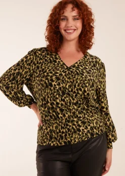 Tops>Blue Vanilla Khaki Curve Wrap Front Leopard Print Top