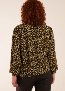 Tops>Blue Vanilla Khaki Curve Wrap Front Leopard Print Top