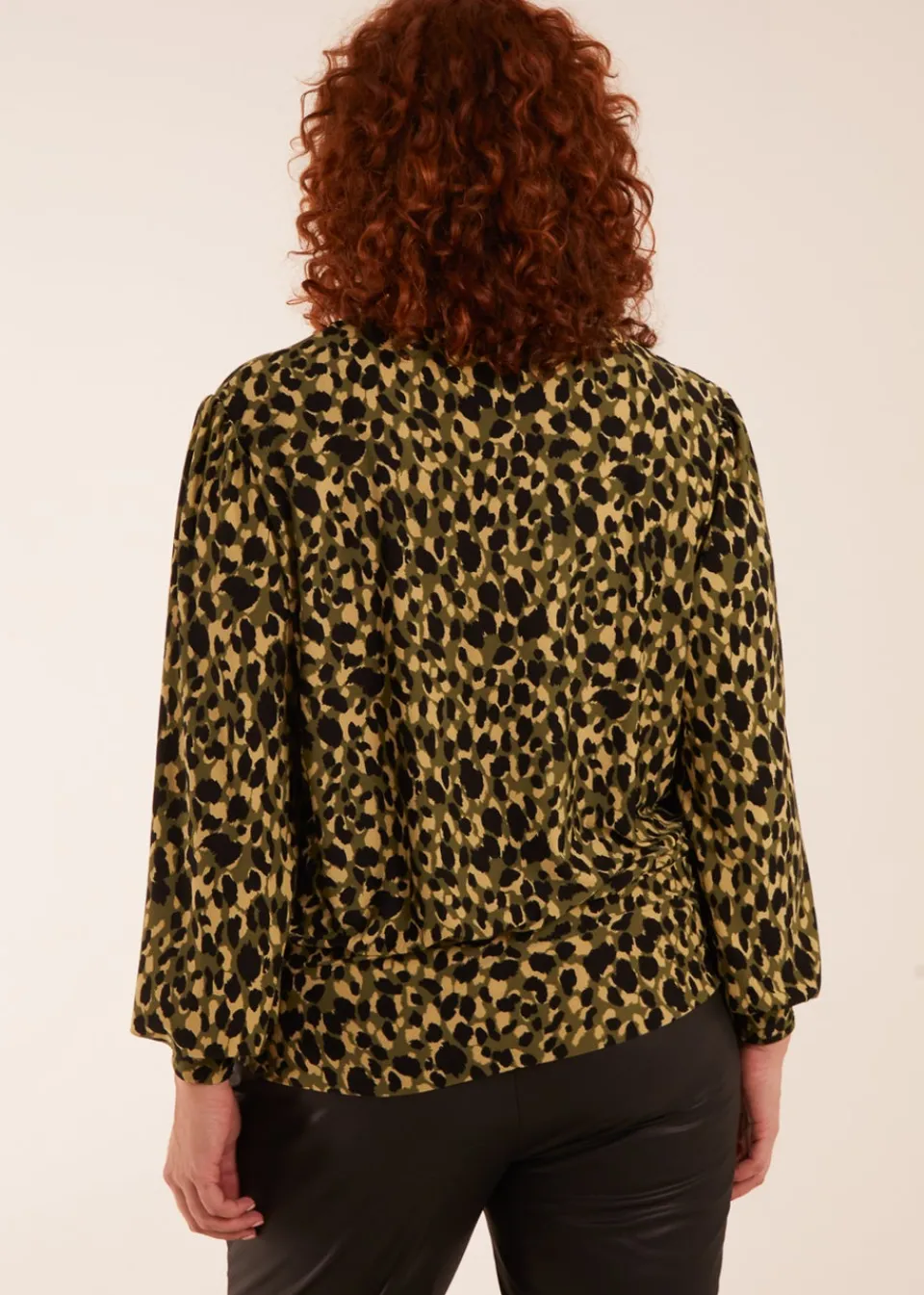 Tops>Blue Vanilla Khaki Curve Wrap Front Leopard Print Top