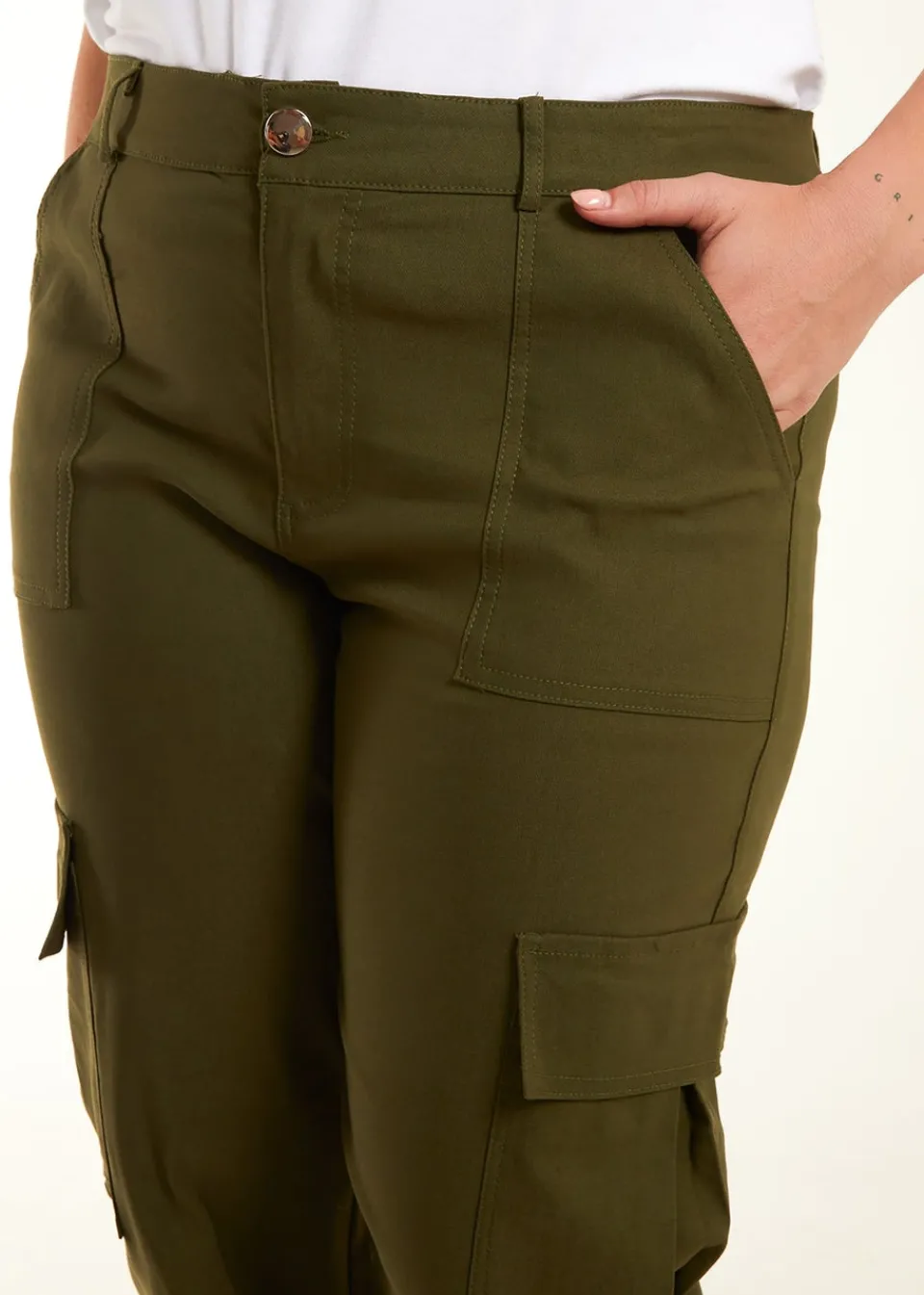 Trousers>Blue Vanilla Curve Straight Leg Pocket Detail Cargo Joggers Khaki