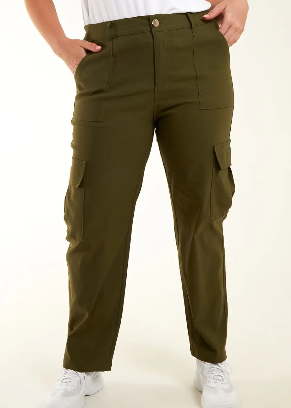 Trousers>Blue Vanilla Curve Straight Leg Pocket Detail Cargo Joggers Khaki