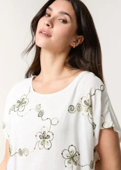 T-Shirts>Blue Vanilla Khaki Embroidered Flower Top