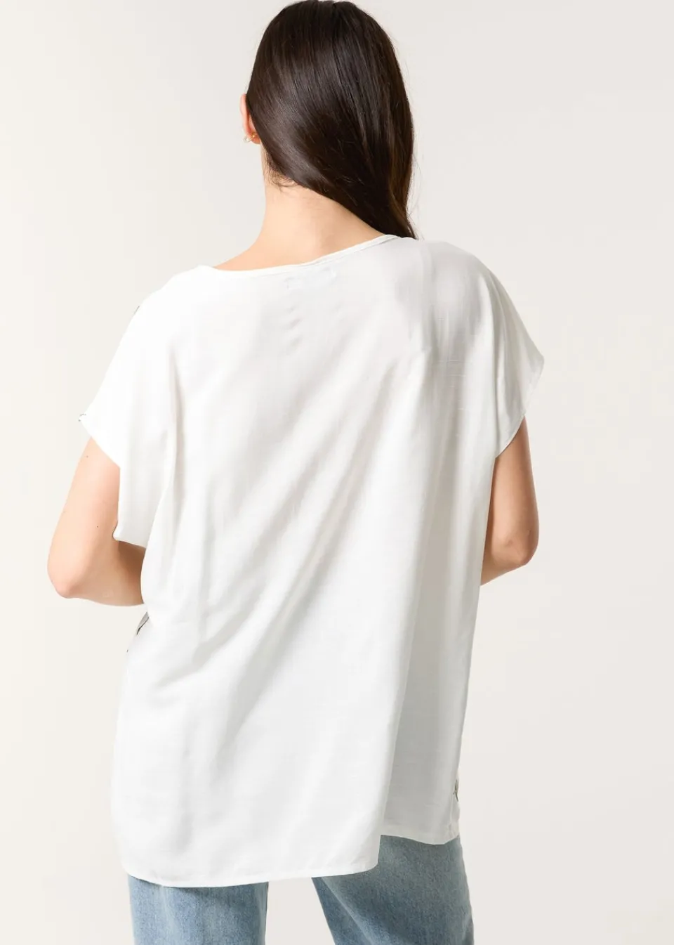 T-Shirts>Blue Vanilla Khaki Embroidered Flower Top