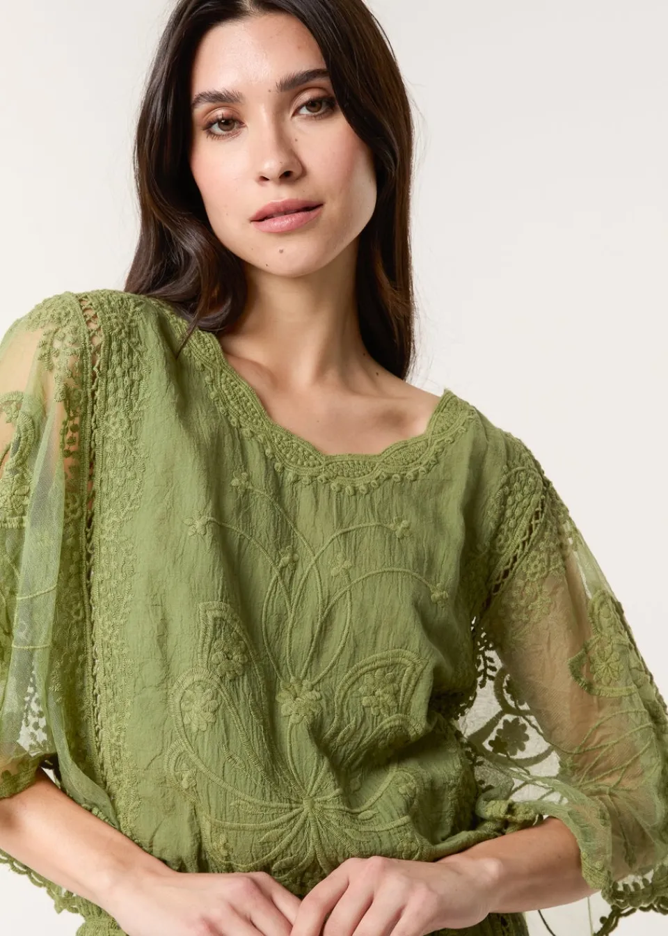 Tops>Blue Vanilla Khaki Floral Lace Butterfly Sleeve Blouse