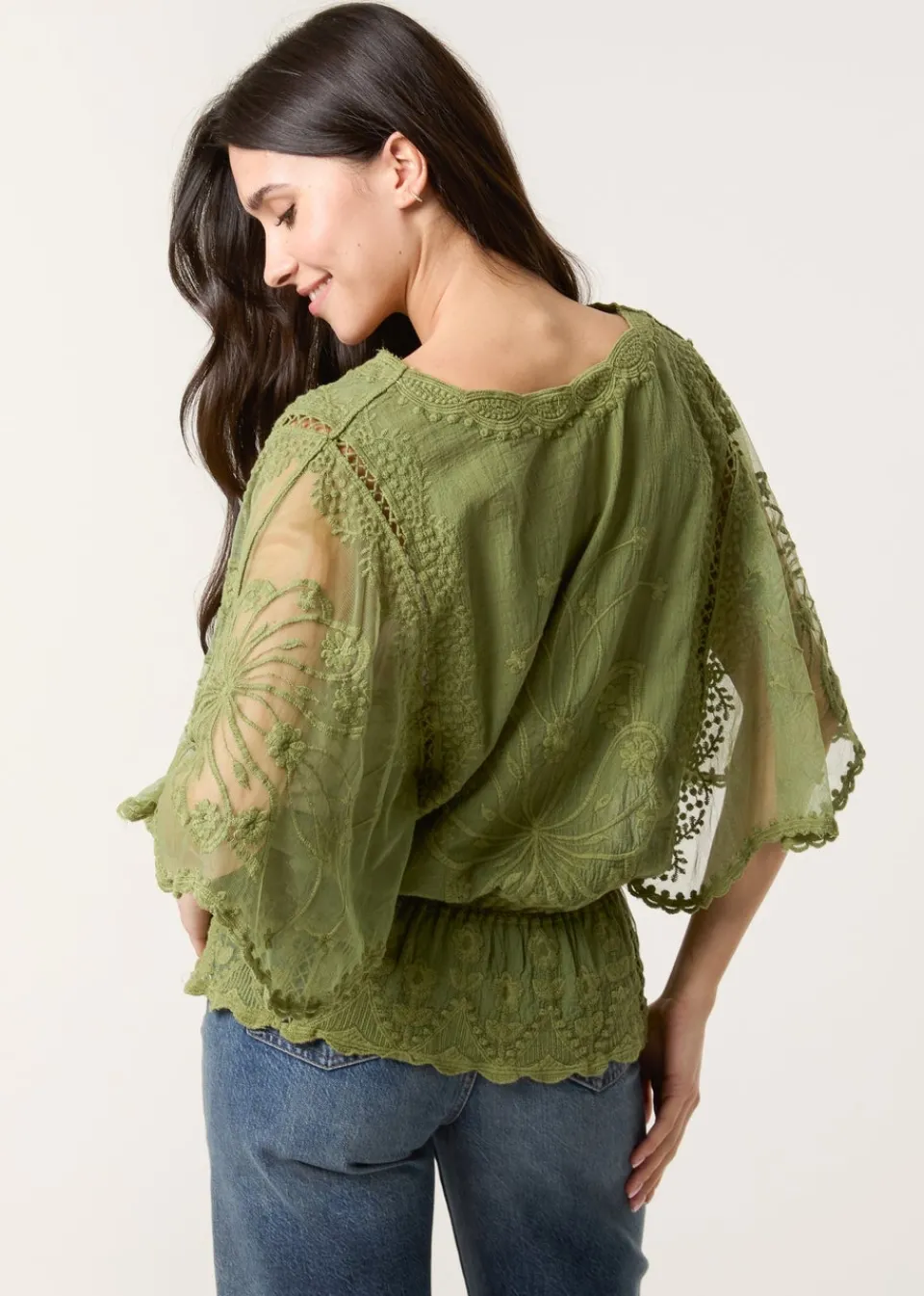 Tops>Blue Vanilla Khaki Floral Lace Butterfly Sleeve Blouse