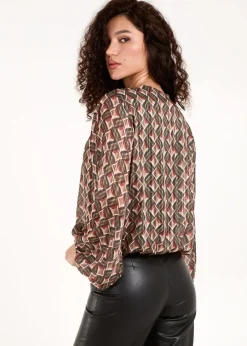 Tops>Blue Vanilla Khaki Geometric Print V Neck Bubble Hem Top