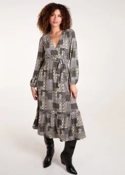 Dresses>Blue Vanilla Khaki Geometric Wrap Front Belted Midi Dress
