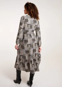 Dresses>Blue Vanilla Khaki Geometric Wrap Front Belted Midi Dress