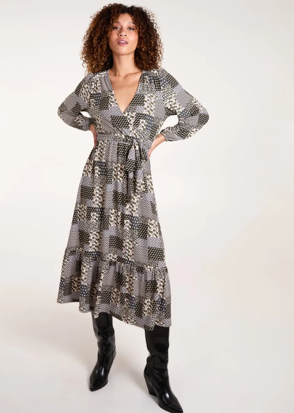 Dresses>Blue Vanilla Khaki Geometric Wrap Front Belted Midi Dress
