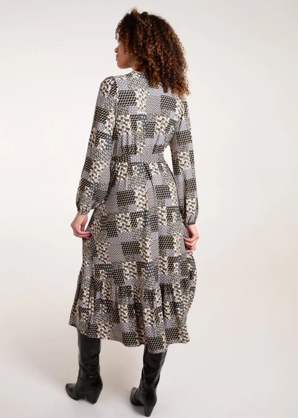 Dresses>Blue Vanilla Khaki Geometric Wrap Front Belted Midi Dress