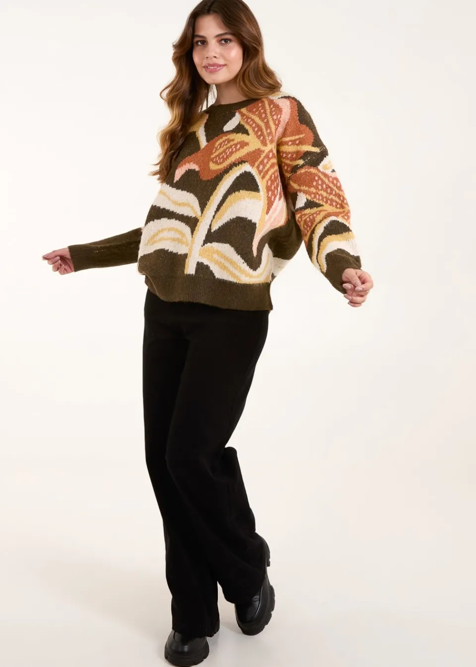 Tops>Blue Vanilla Khaki Glitter Flower Knit Jumper