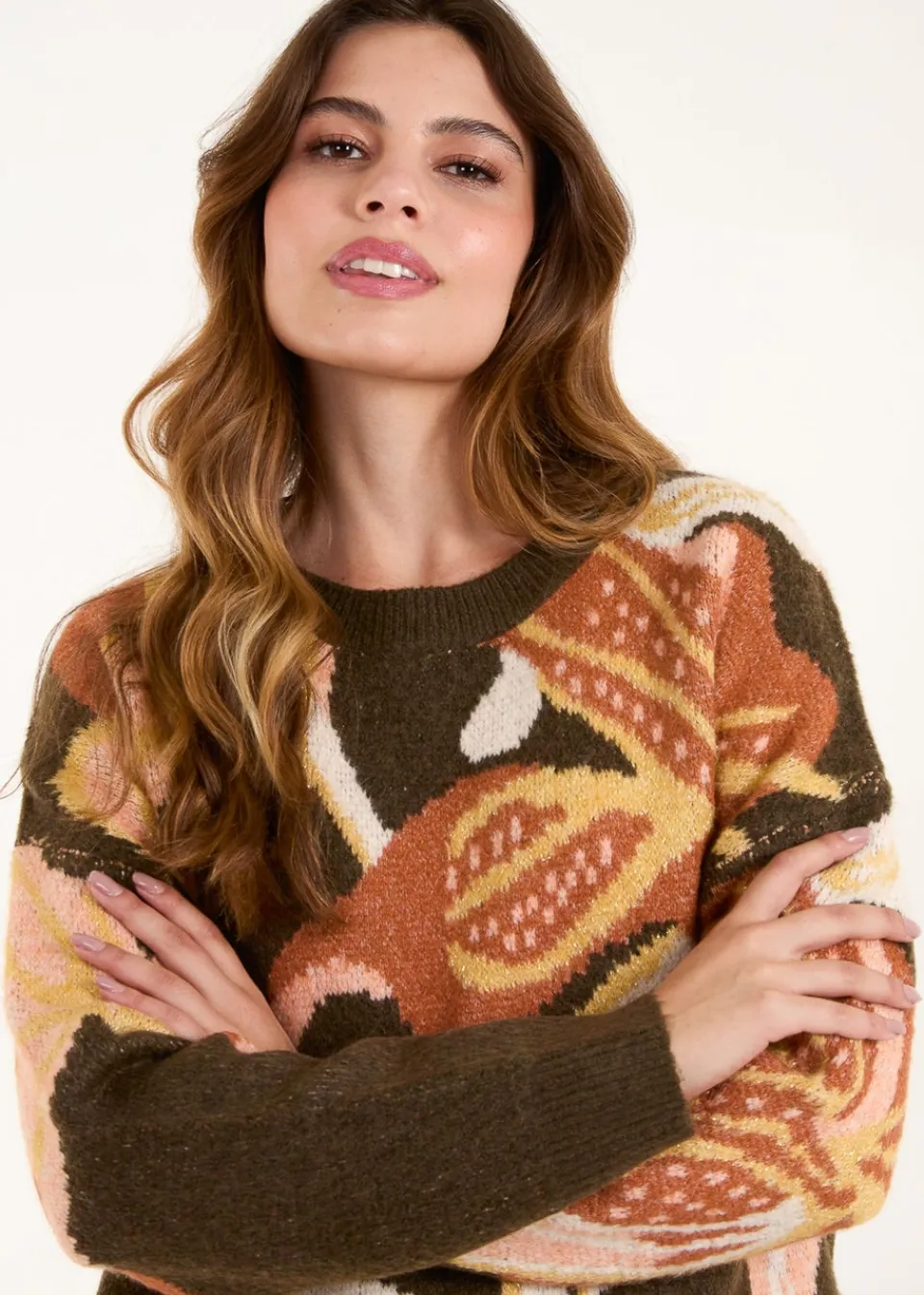Tops>Blue Vanilla Khaki Glitter Flower Knit Jumper
