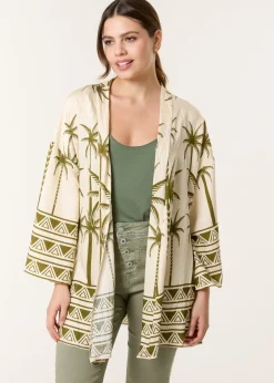 Tops>Blue Vanilla Khaki Palm Print Kimono