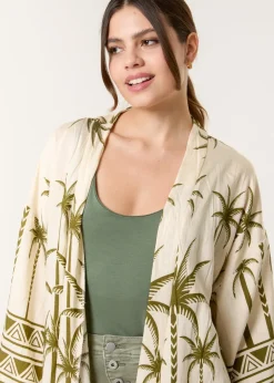 Tops>Blue Vanilla Khaki Palm Print Kimono