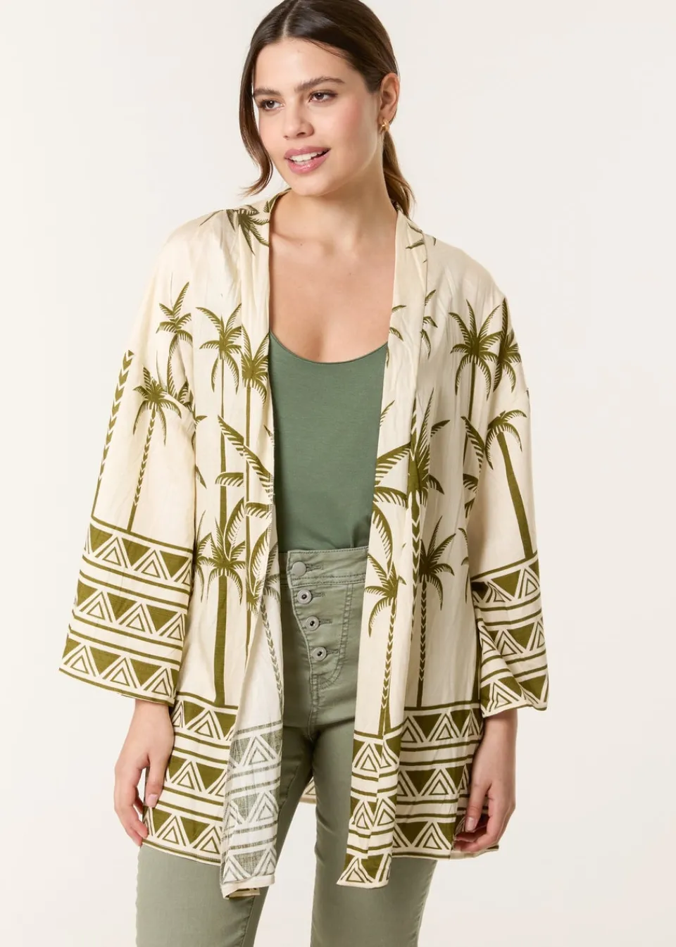 Tops>Blue Vanilla Khaki Palm Print Kimono