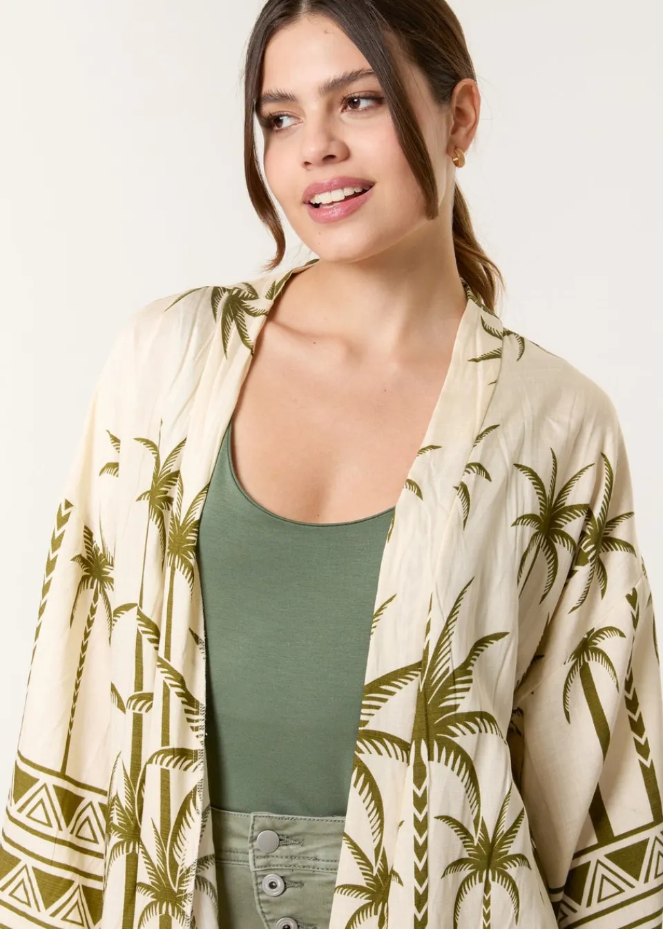 Tops>Blue Vanilla Khaki Palm Print Kimono